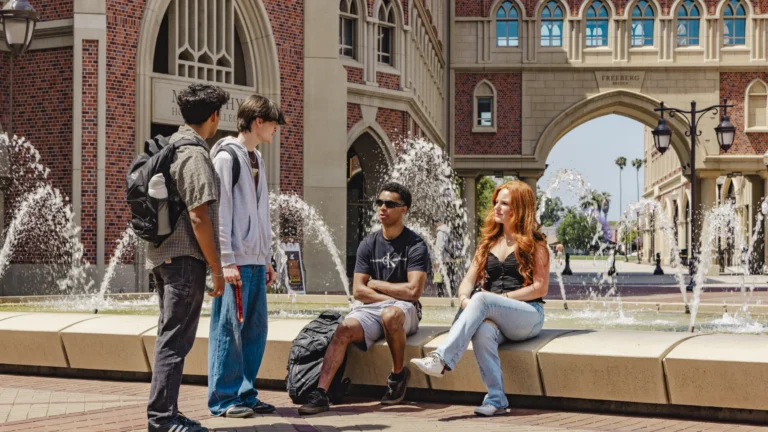 Four students chatting next to a fountain in a sunny day.